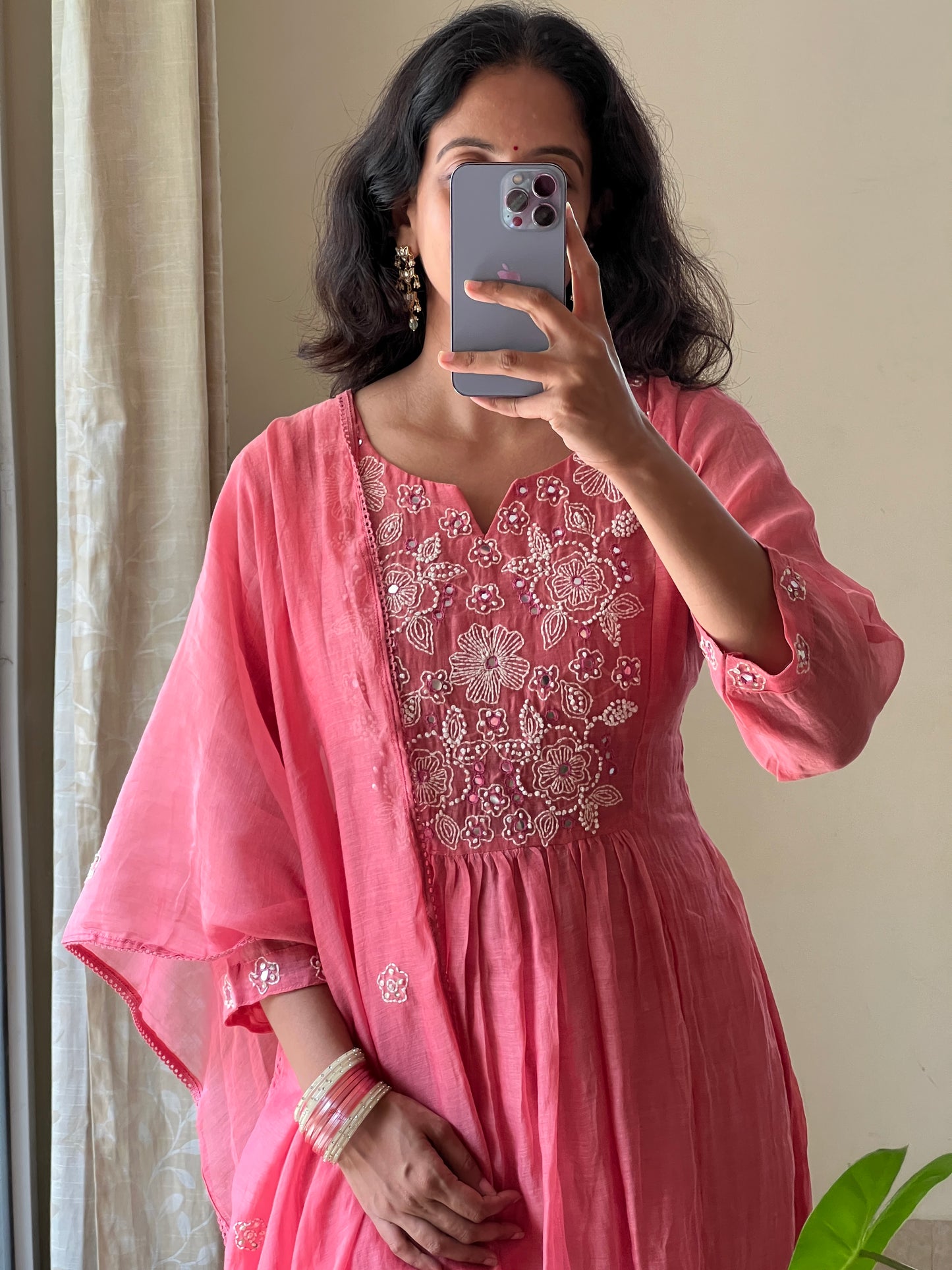 A0499 peach mul chanderi 3 piece dress with hand embroidery detailing on yoke part and buttis on duppatta