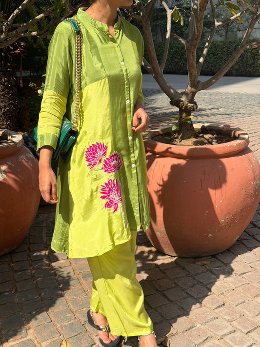 A0602 Green mul chanderi coord with applique work detailing