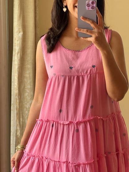 A0489 Pink heart Bengal cotton jamdani one piece dress comes with sleeves inside