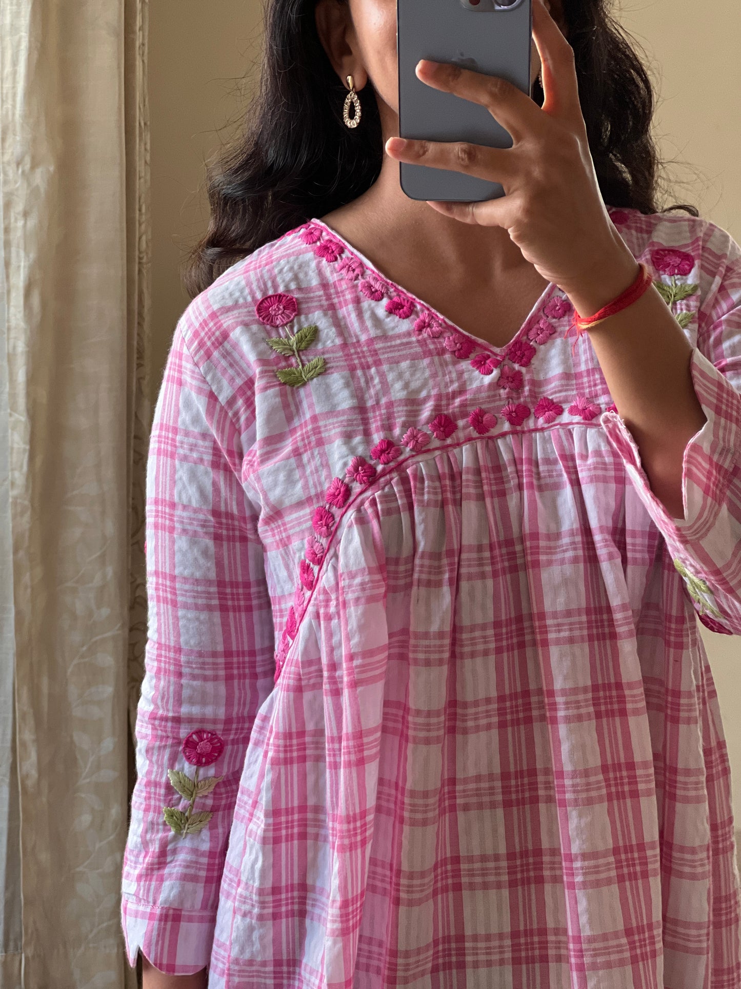 A0649 pink checks handloom cotton one piece dress with hand embroidery detailing on yoke part