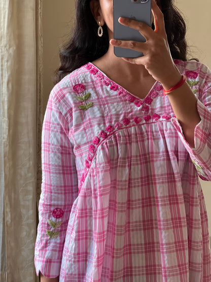 A0649 pink checks handloom cotton one piece dress with hand embroidery detailing on yoke part