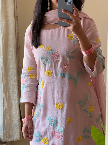 A0565 nude pink mul chanderi 3 piece dress with multi colour applique work detailing all over the dress & duppatta