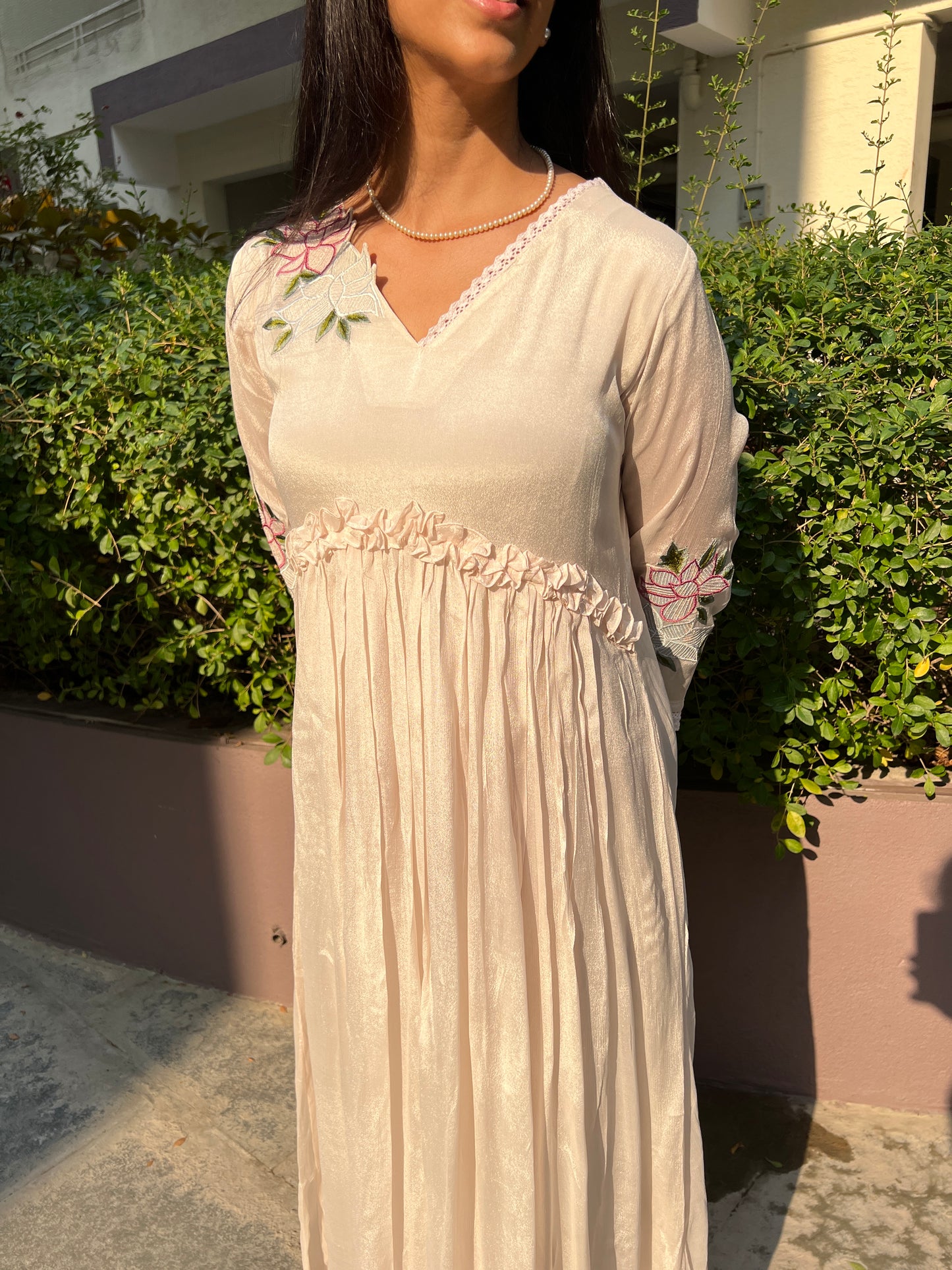 A0367 half white or cream chinnon one piece dress with hand embroidery detailing