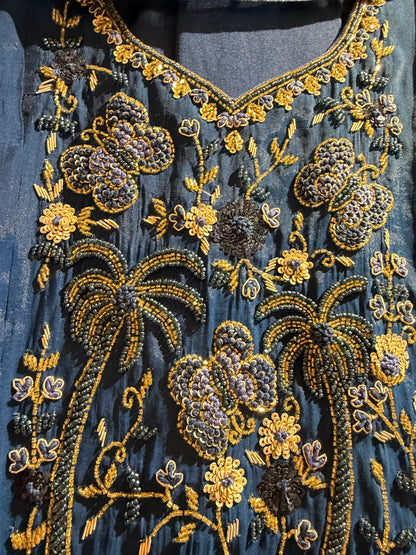 Mul Chanderi Blue 3pc set with beautiful hand beads detailing.