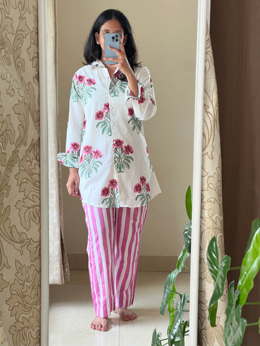 A0476 white & pink pure cotton hand block printed coord set