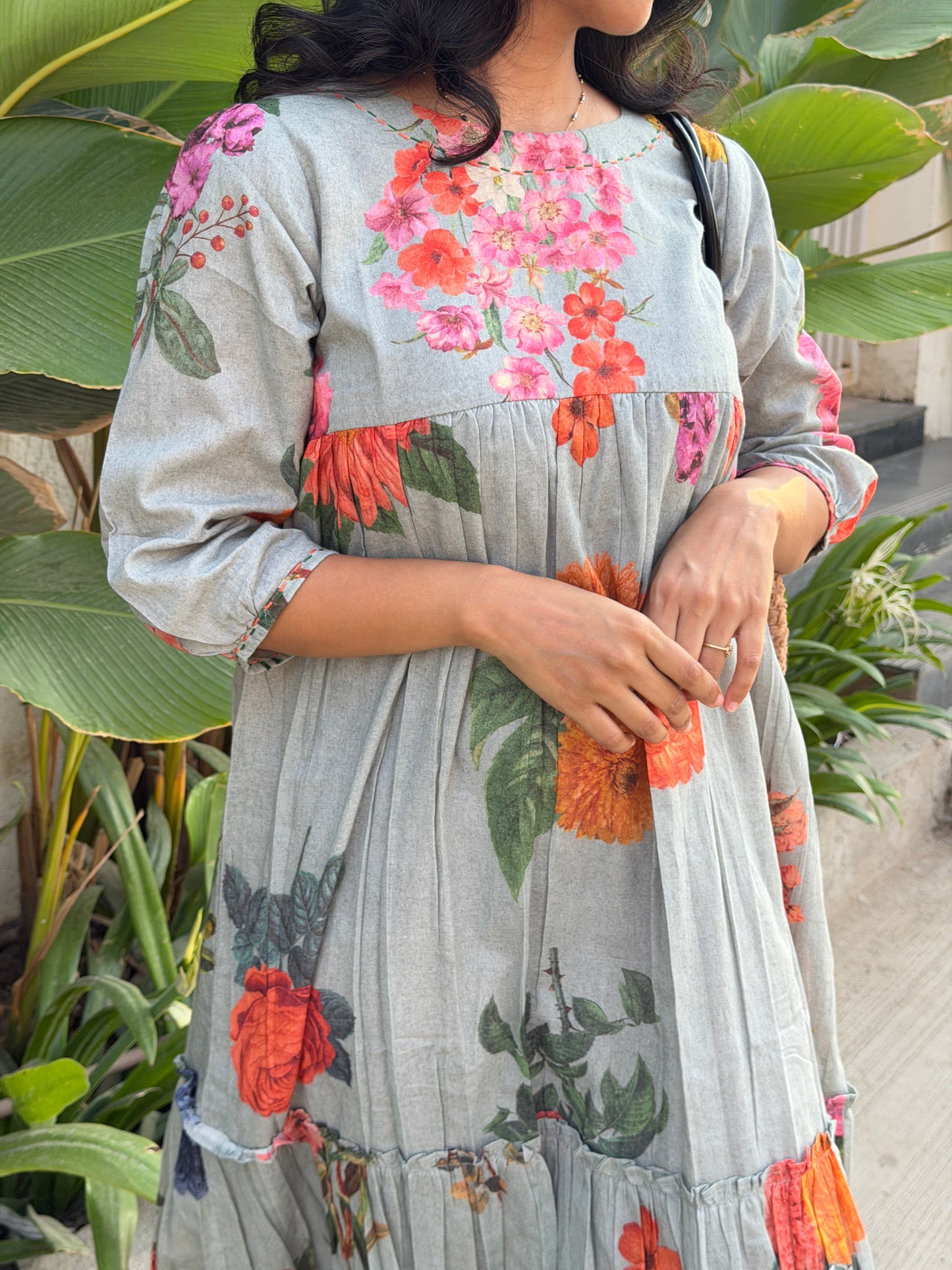 A0742 Sage grey Mul cotton  digital print dress