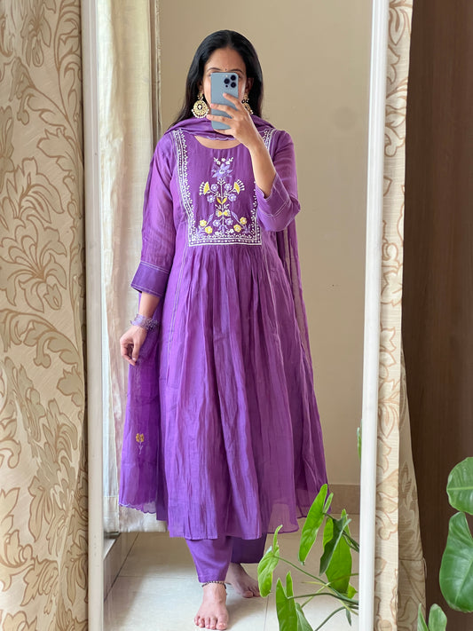 A0422 purple mul chanderi 3 piece dress with hand embroidery detailing
