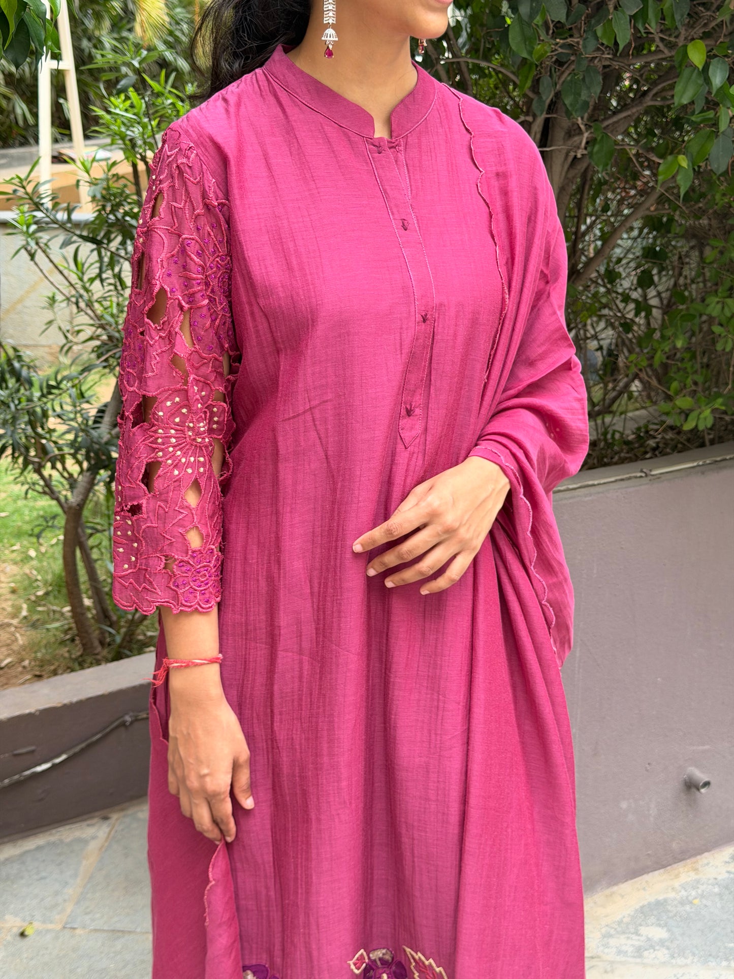 A0685 Must have wine shade Premium Chanderi 3pc set with applique and cut work details