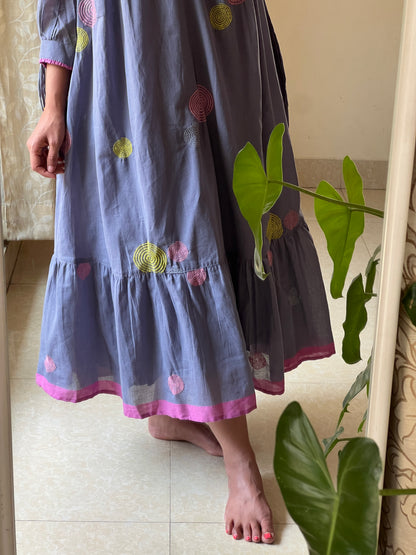 A0661 blue Jamdani cotton one piece dress with machine embroidery detailing all over the dress