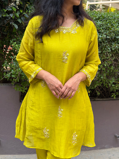 A0635 Beautiful yellow shade mul Chanderi cord set with Kundan, beads and embroidery detailing
