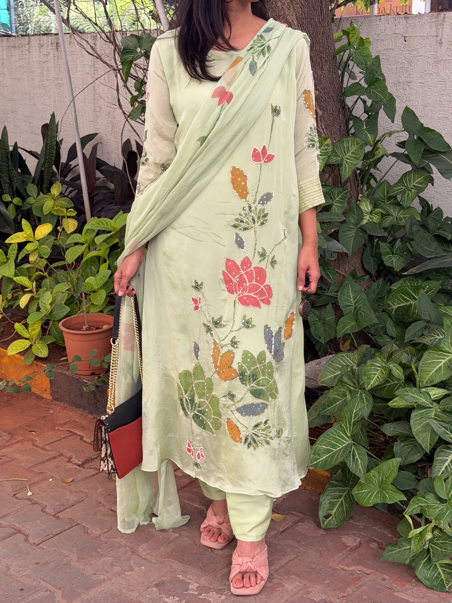 A0588 Pista Green hand painted 3pc set with beautiful shiffon duppata