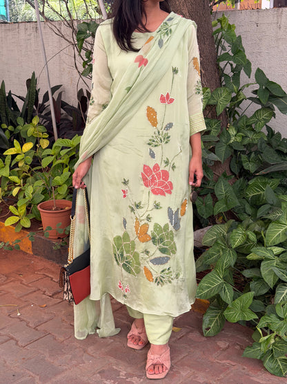 A0588 Pista Green hand painted 3pc set with beautiful shiffon duppata