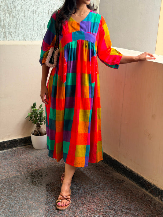 A0773 slub cotton madras checks one piece dress