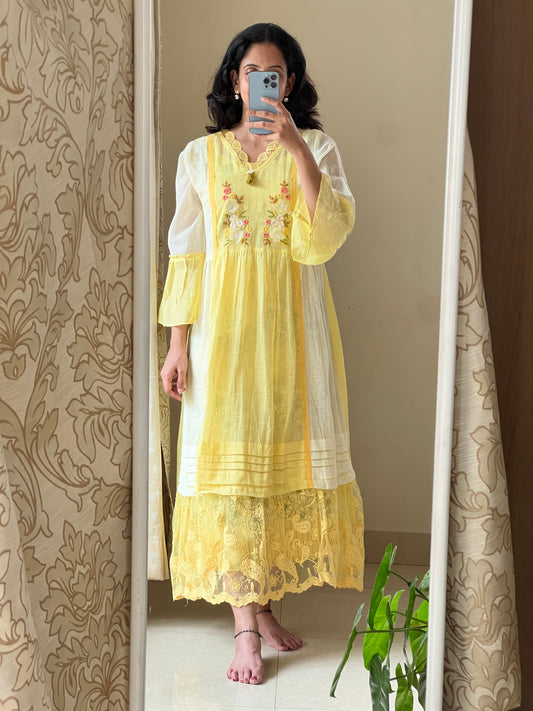 Yellow Sun flower Pure Kota cotton dress comes with printed cotton lining