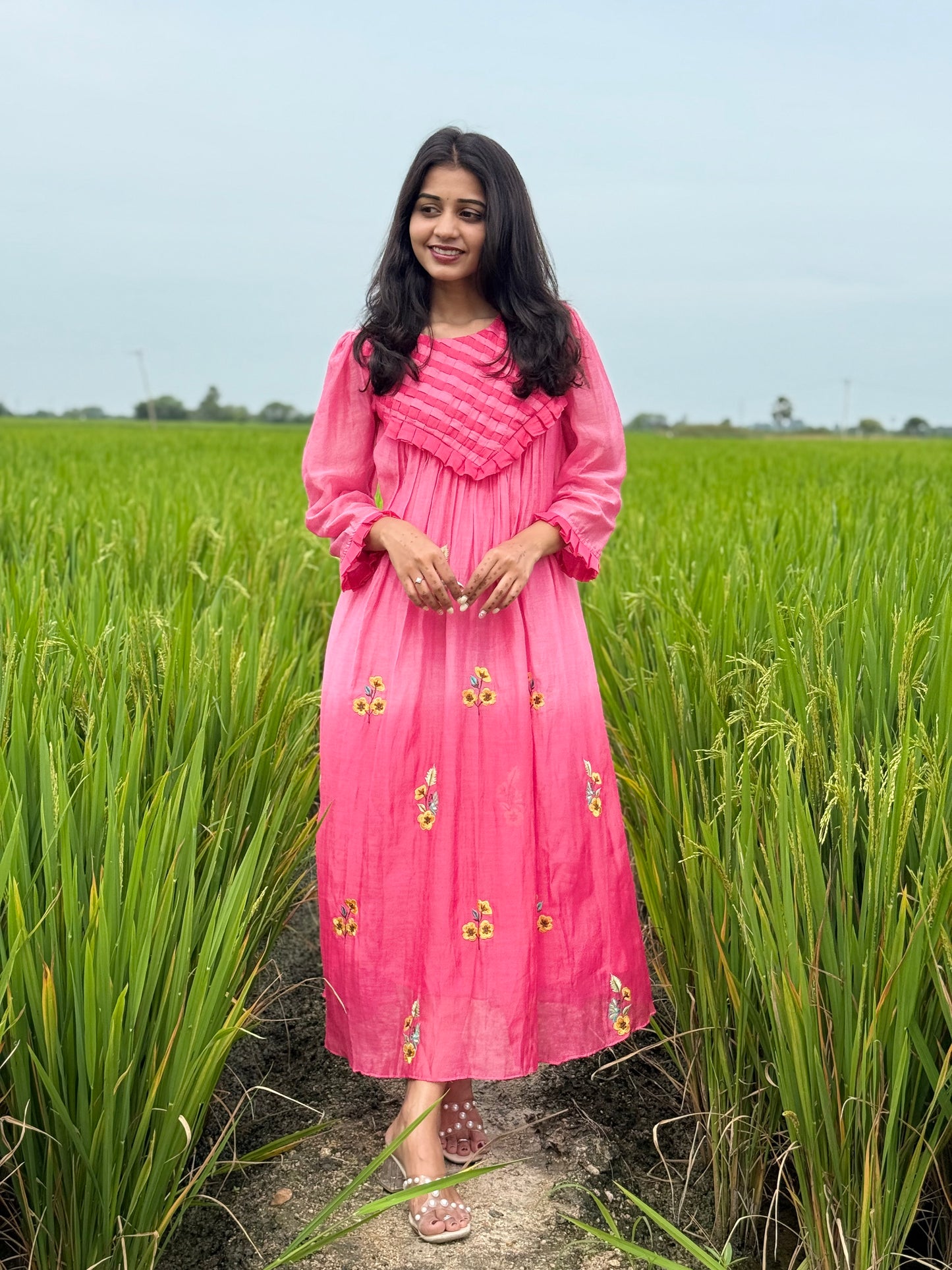 A0539 Pink Bloom 🌸 mul chanderi shaded one piece dress with floral embroidery and different yoke part
