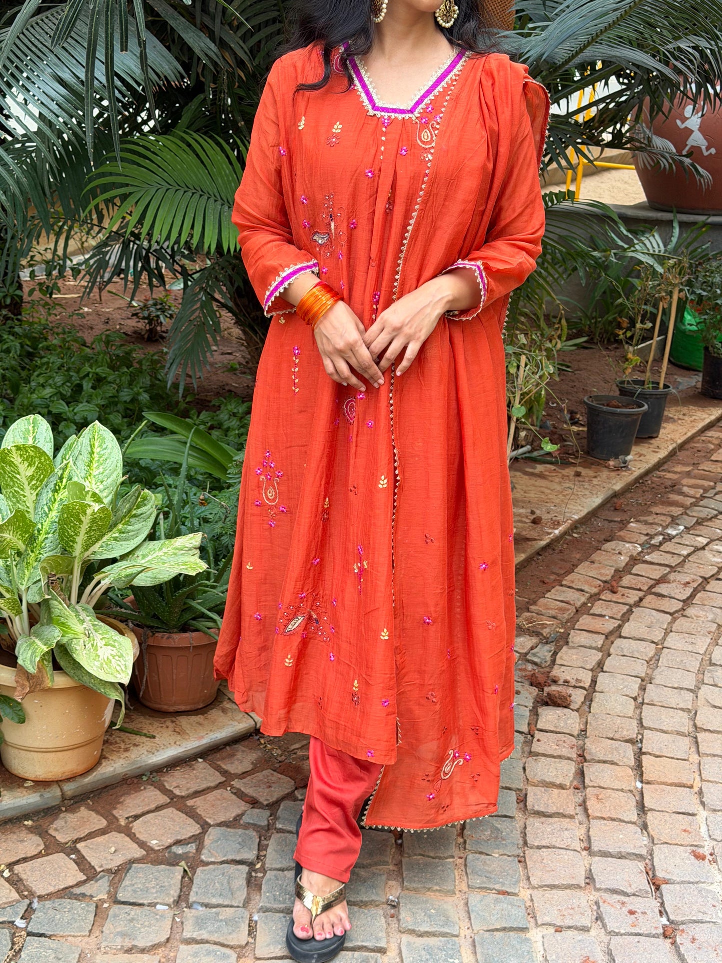 A0657 rust orange Mul chanderi 3 piece dress with embroidery detailing butties all over the dress
