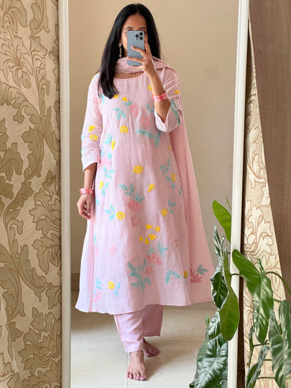 A0565 nude pink mul chanderi 3 piece dress with multi colour applique work detailing all over the dress & duppatta