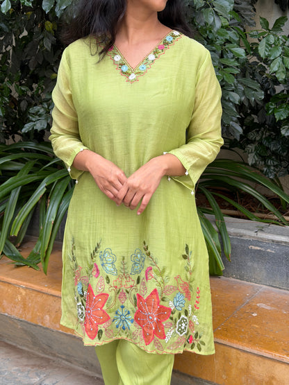 A0636 Beautiful pista green cooed set with hand embroidery detailing in Mul Chanderi fabric