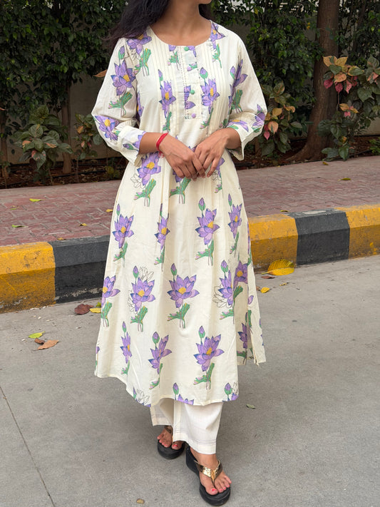 A0672 cream & lavender mul cotton two piece with lotus digital print comes with lining