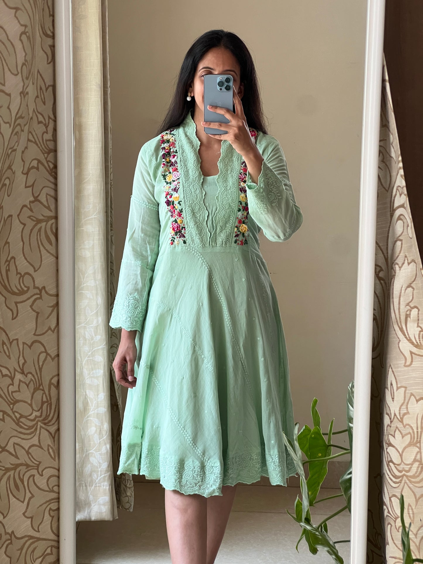 A0418 Mulmul pista green short frock with hand embroidery, lays detailing