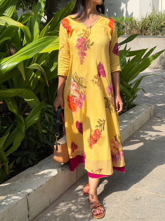 A0780 Cotton Kota Yellow digital print floral dress