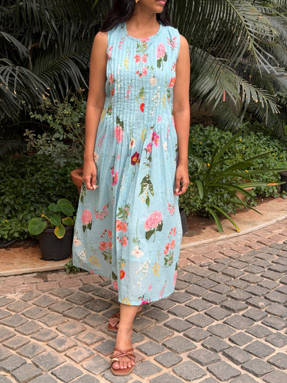 A0877 Powder Blue Mul cotton pleated dress
