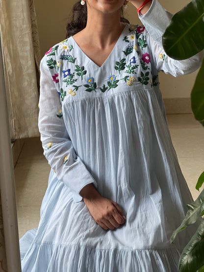 A0648 ice blue Mulmul one piece dress with hand embroidery detailing on yoke part