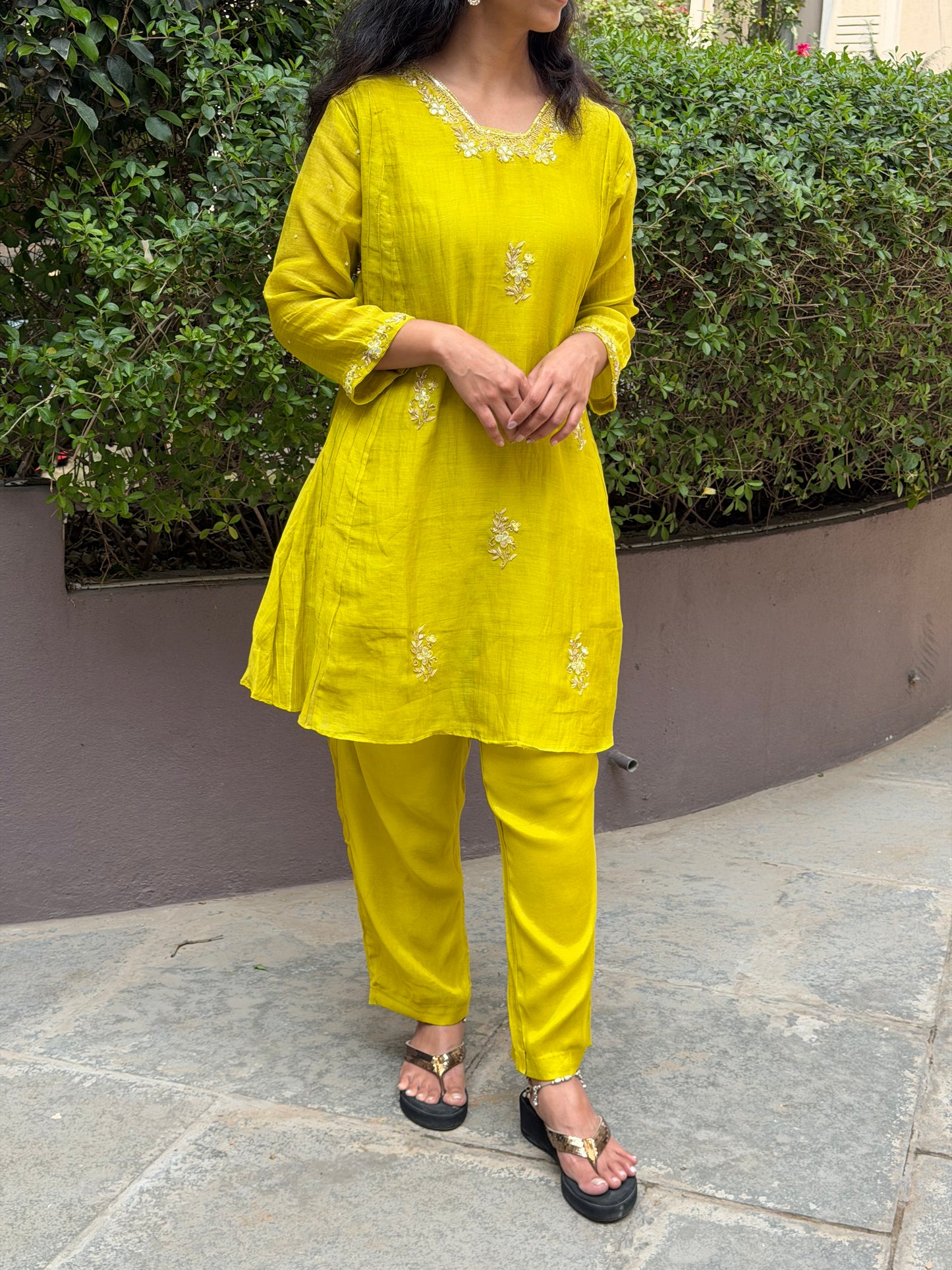 A0635 Beautiful yellow shade mul Chanderi cord set with Kundan, beads and embroidery detailing