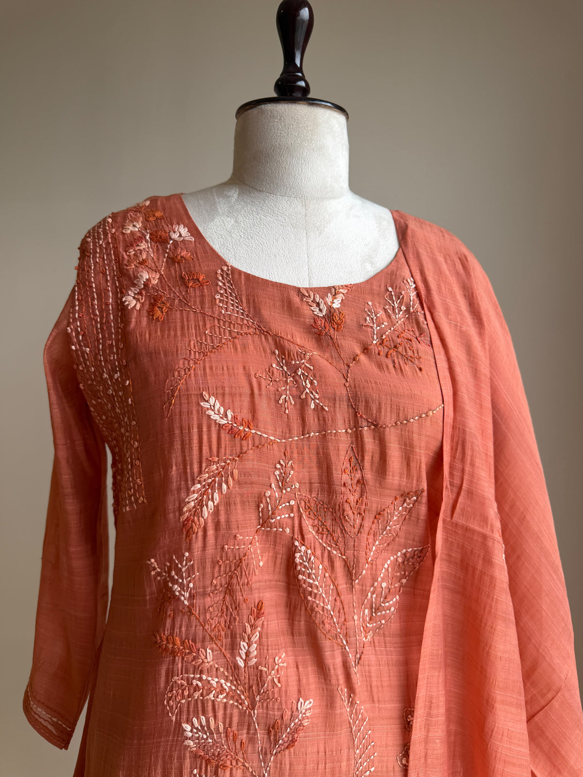 A0844 rust mul chanderi kantha work 3 piece dress
