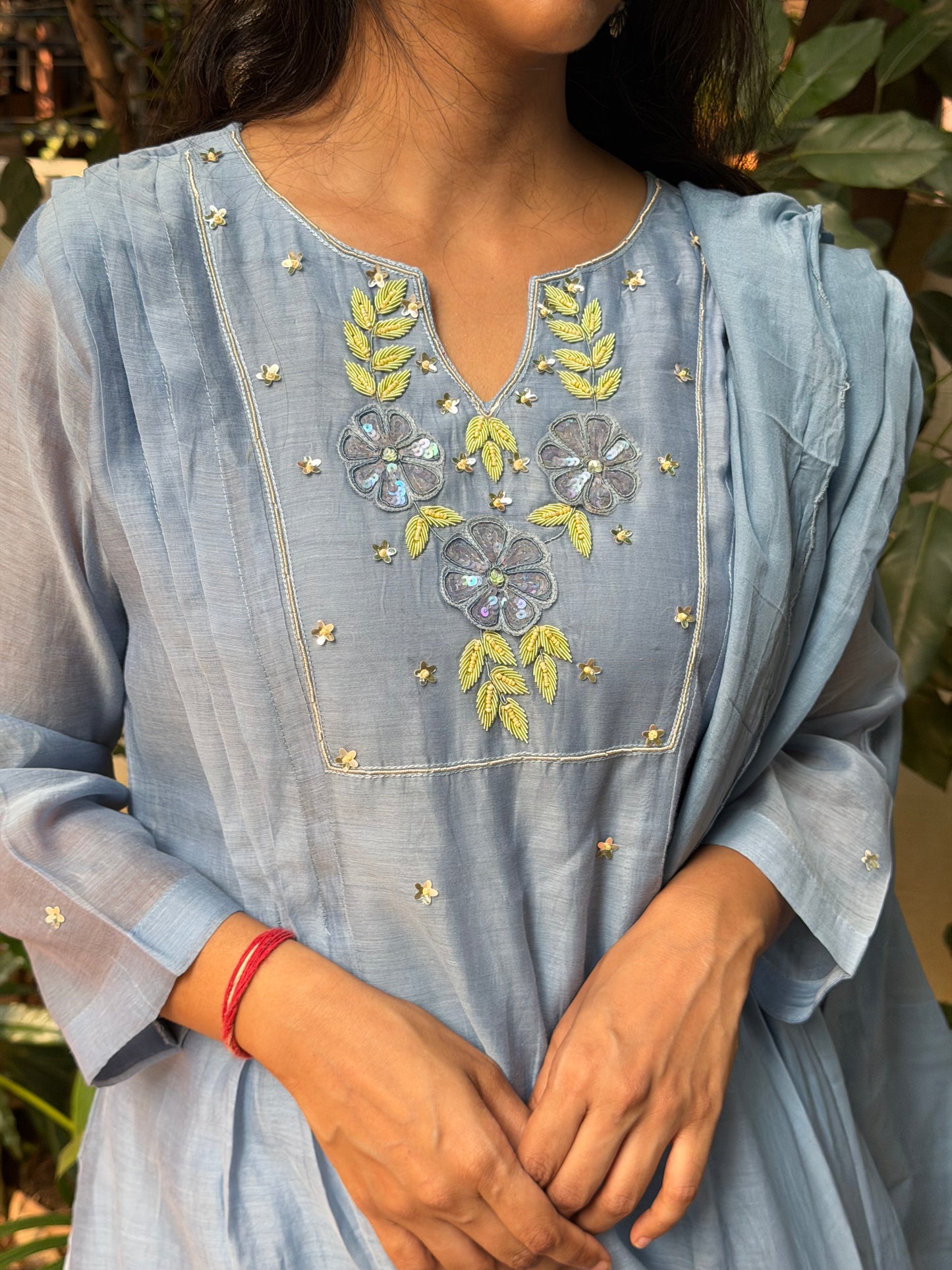 A0699 powder blue mul chanderi 3 piece set with hand embroidery detailing on yoke part comes with stall duppatta