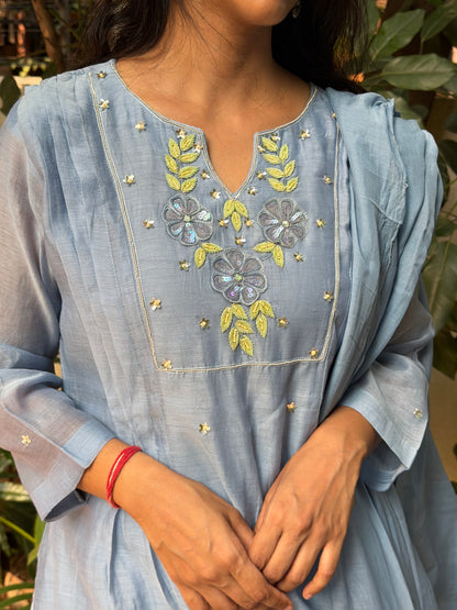 A0699 powder blue mul chanderi 3 piece set with hand embroidery detailing on yoke part comes with stall duppatta