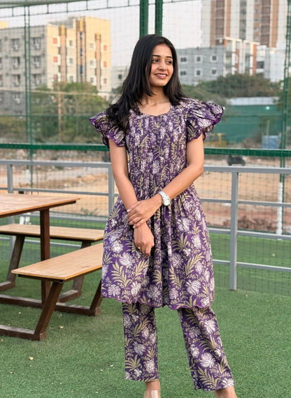 A0377 purple pure cotton hand block print coord set with pleats & cut work machine embroidery detailing