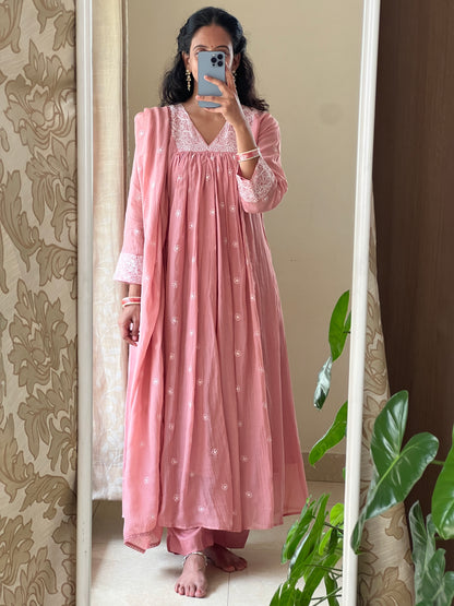 A0519 nude rose mul chanderi 3 piece dress with embroidery detailing all over the dress