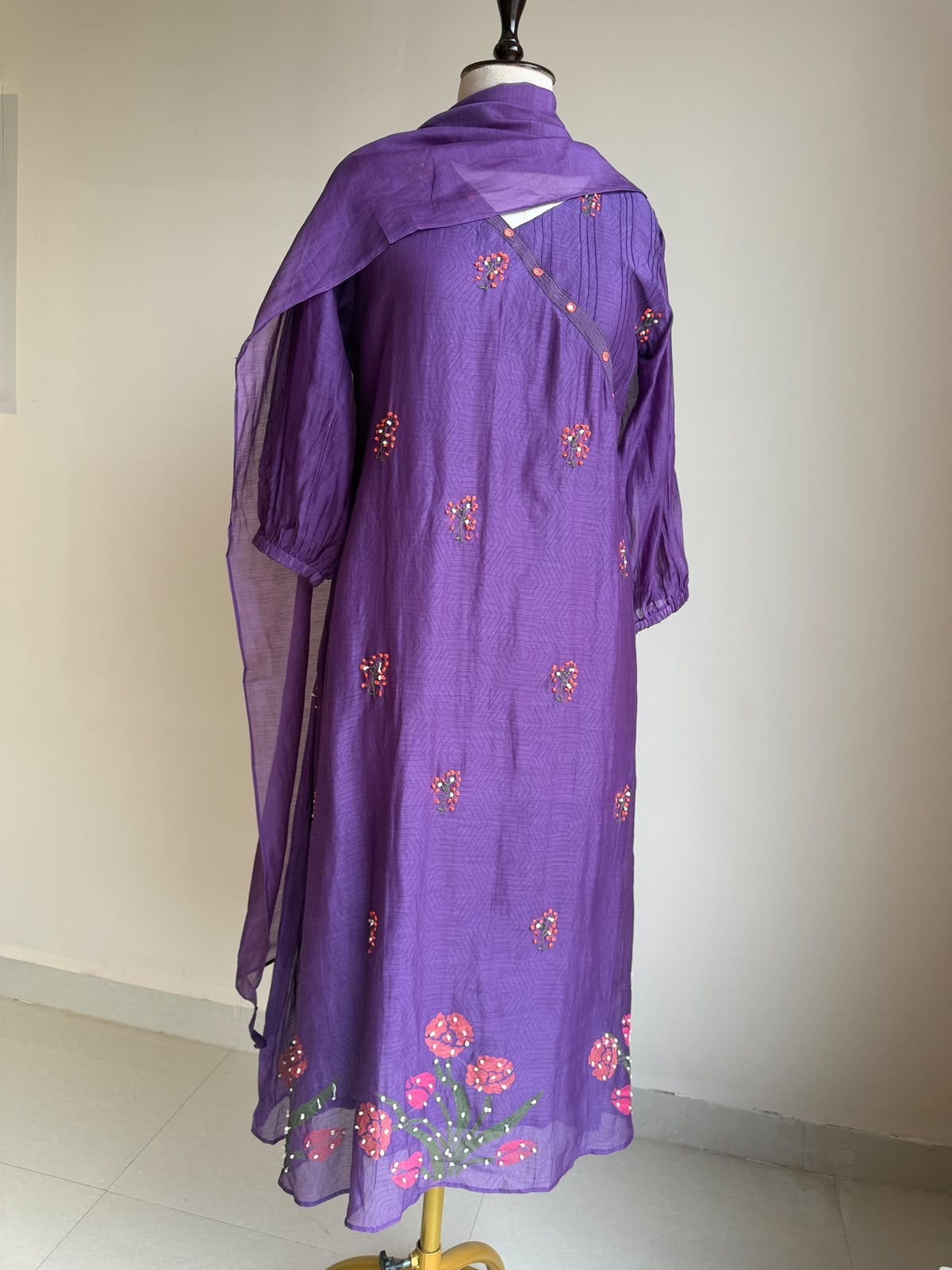 A0850 purple mul chanderi hand embroidery 3 piece dress