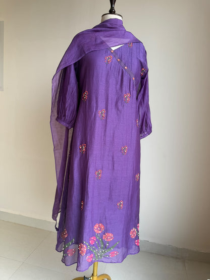 A0850 purple mul chanderi hand embroidery 3 piece dress