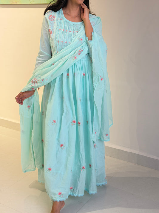 A0722 sea blue mul cotton 3 piece dress with knot, applique work detailing comes with cotton lining