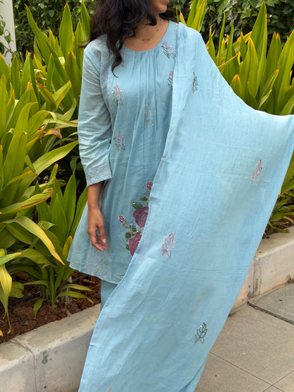 A0758 Mul cotton 3pc set in powder blue shade