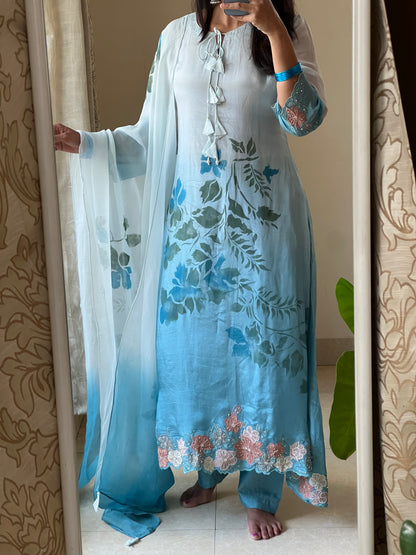 A0562 blue shaded silk 3 piece dress with applique work, hand painted & hand embroidery