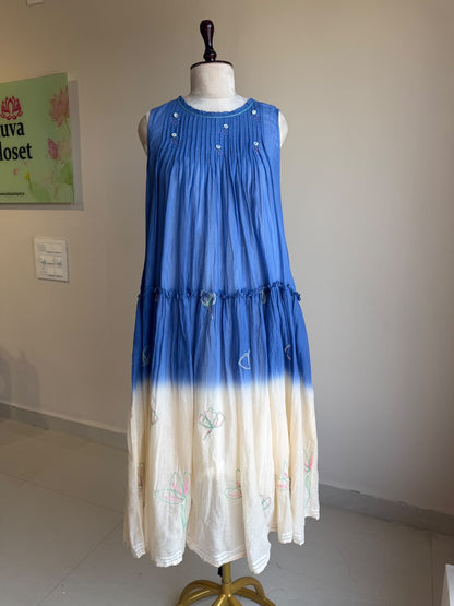 A0861 blue & cream shaded self stripes cotton one piece dress