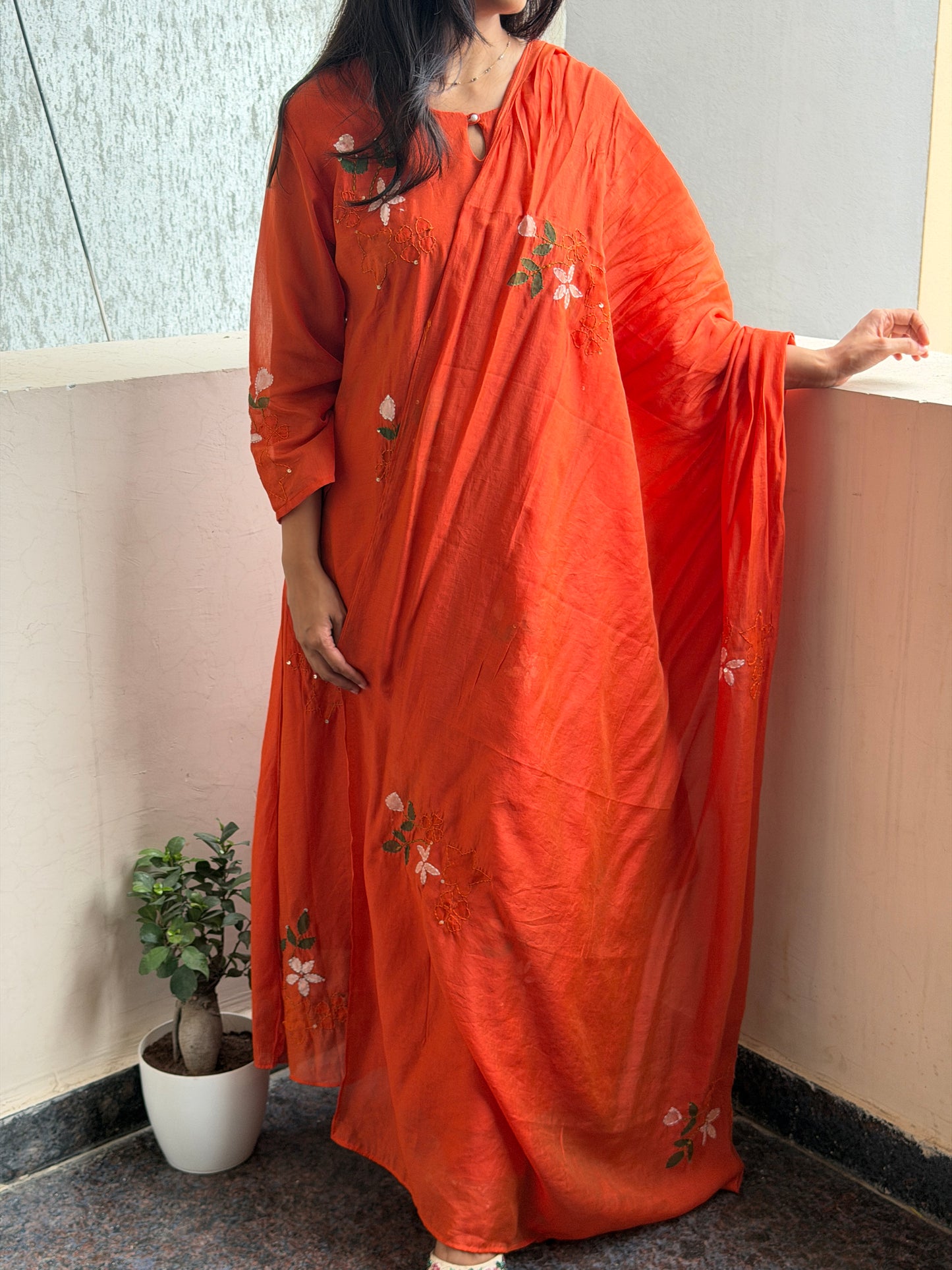 A0794 Orange Mul Chanderi 3pc set with hand painted and kanta detailing