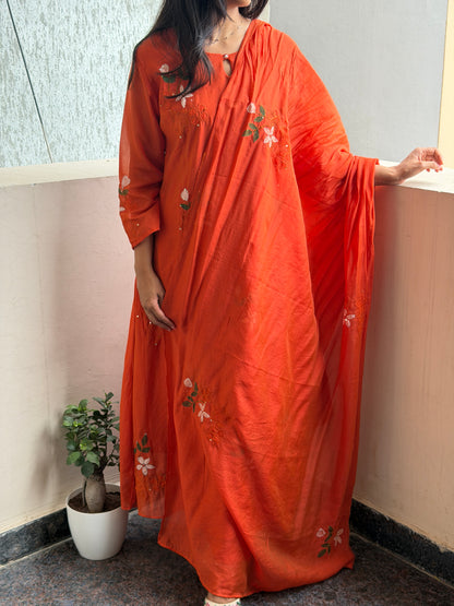 A0794 Orange Mul Chanderi 3pc set with hand painted and kanta detailing