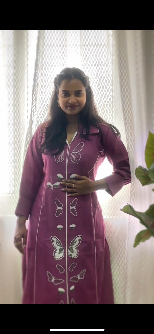 A0110 handloom cotton one piece dress with butterfly moti and beads work