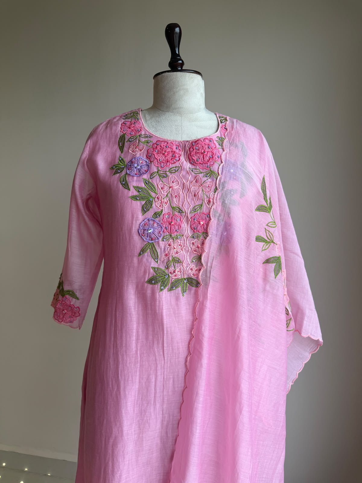 A0846 pink mul chanderi applique 3 piece dress