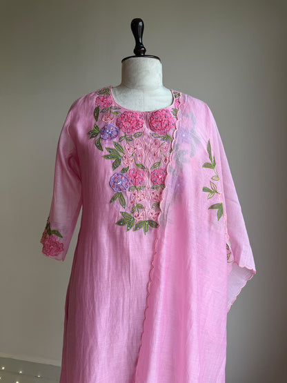 A0846 pink mul chanderi applique 3 piece dress