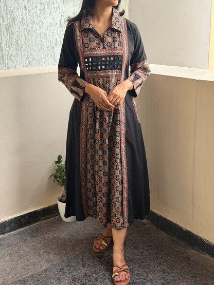 A0776 Black Ajrak A-line dress with cute pockets