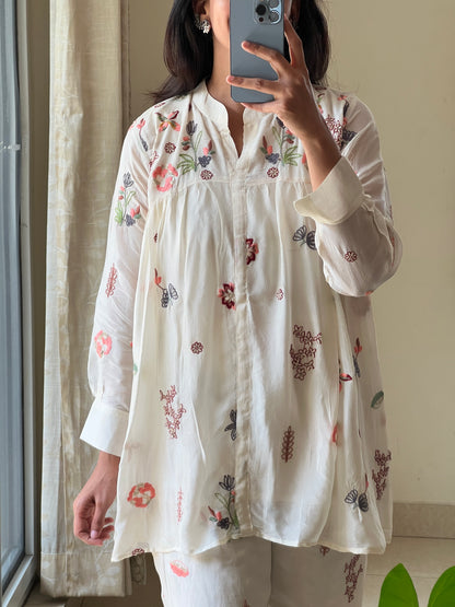 A0508 half white chinnon coord set with embroidery butties all over the dress