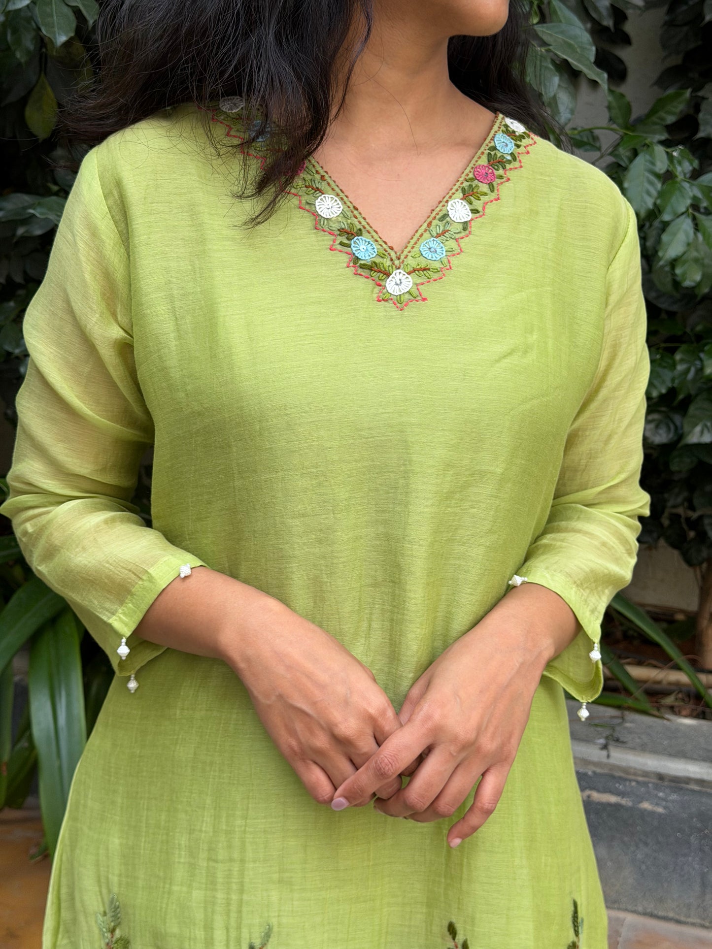 A0636 Beautiful pista green cooed set with hand embroidery detailing in Mul Chanderi fabric