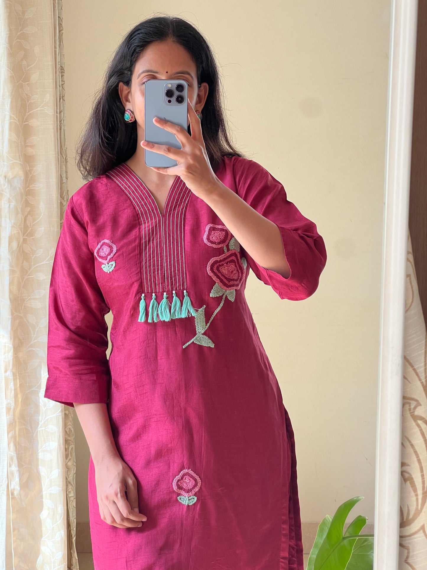 A0552 red Dola silk 2 piece dress with hand embroidery detailing