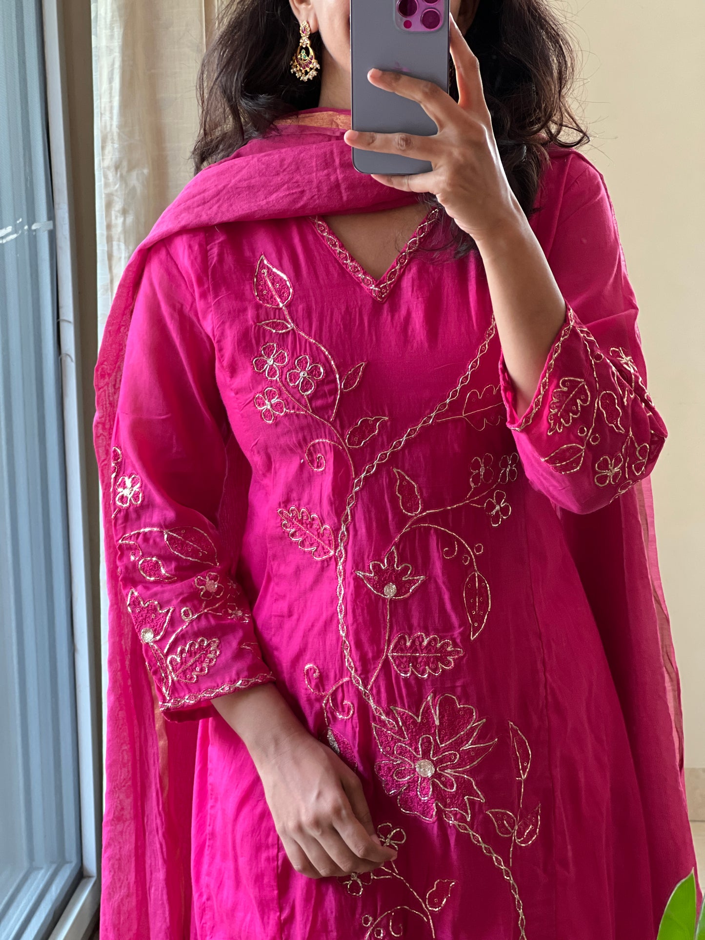 A0523 pink mul chanderi 3 piece dress with hand embroidery and pitta work all over the dress