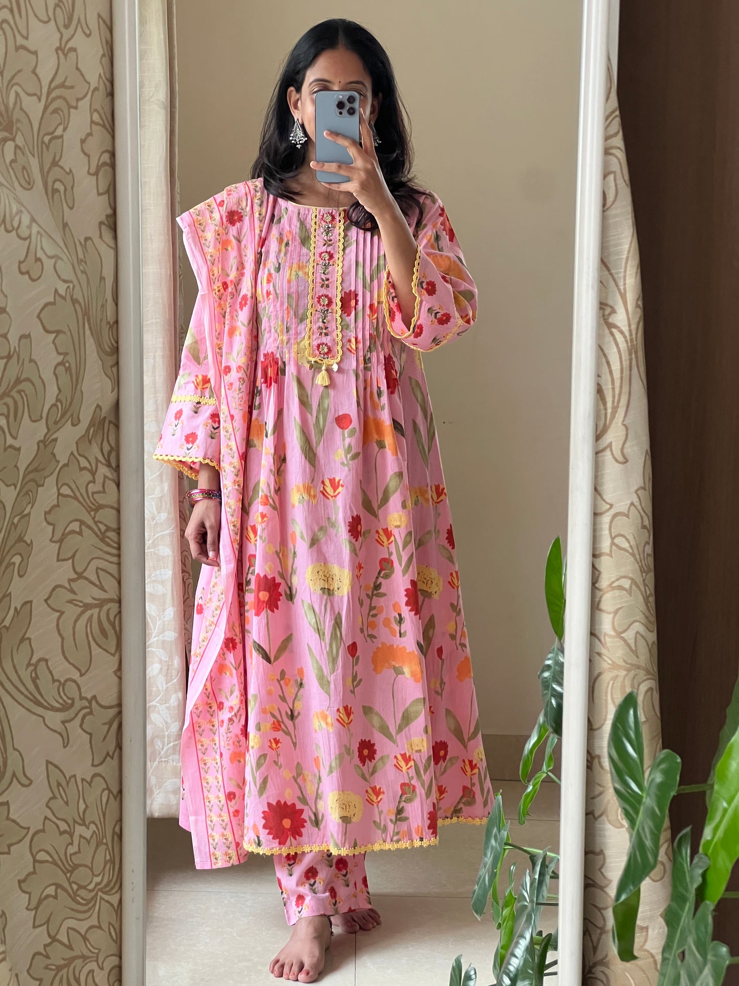 A0480 pink pure cotton floral digital printed 3 piece set